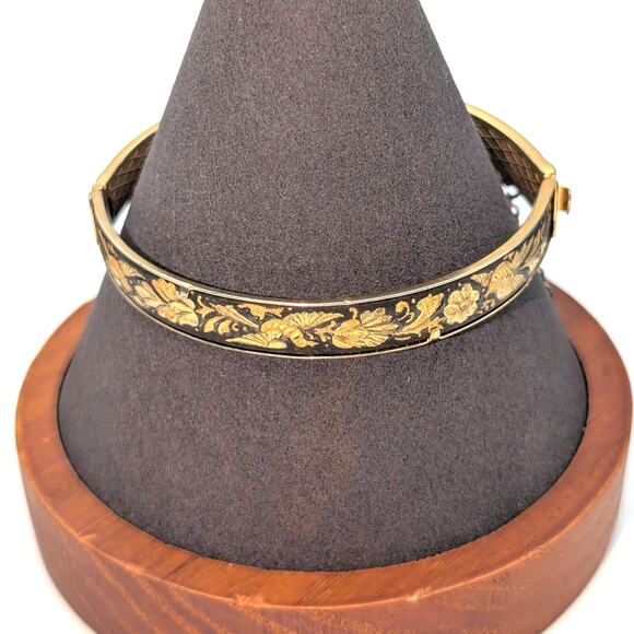 VTG Damascene Hinged Birds Flowers Broken Safety Chain Bangle Bracelet - Picture 3 of 6